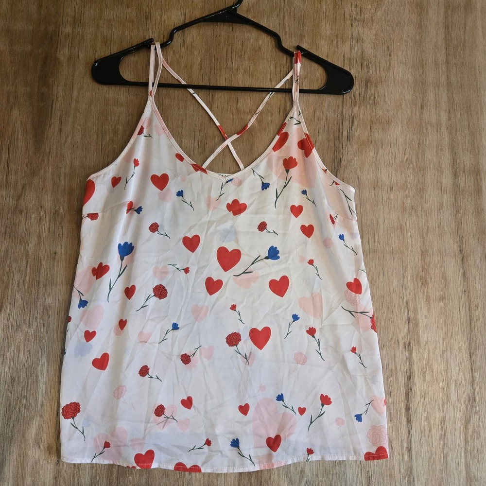 Heart Floral Cami Tank Top Womens Size S Cross Back Spaghetti Strap Satin Like